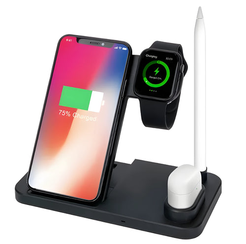 Black 4-in-1 wireless charging station with phone on adjustable magnetic stand, charging Apple Watch, AirPods, and Apple Pencil.