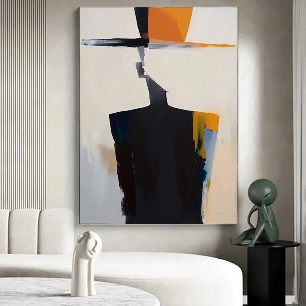 Hand-painted abstract canvas painting of a man with a hat, vertical oil painting for living room or bedroom wall art