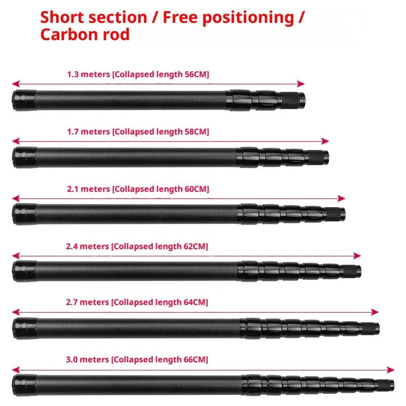 Carbon telescopic fishing rod with free orientation spool, 1.3m to 3.0m lengths, carbon fibre construction