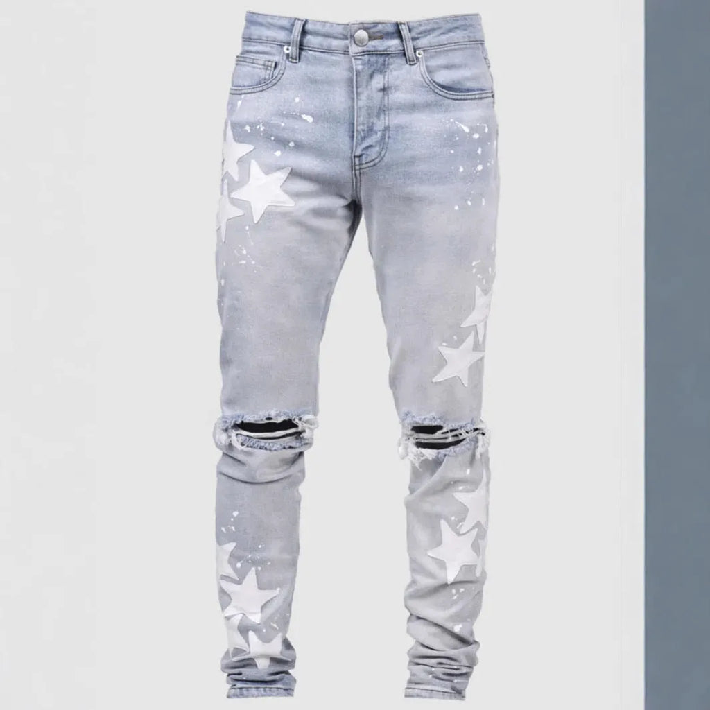 Men's slim stretch jeans with embroidery detailing in grey, blue, and light blue colour options