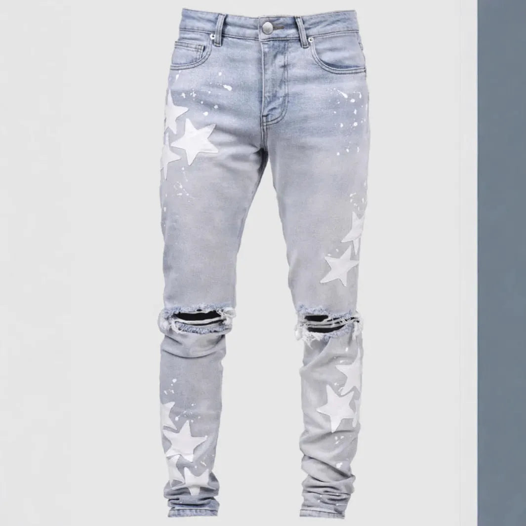 Men's slim stretch jeans with embroidery detailing in grey, blue, and light blue colour options