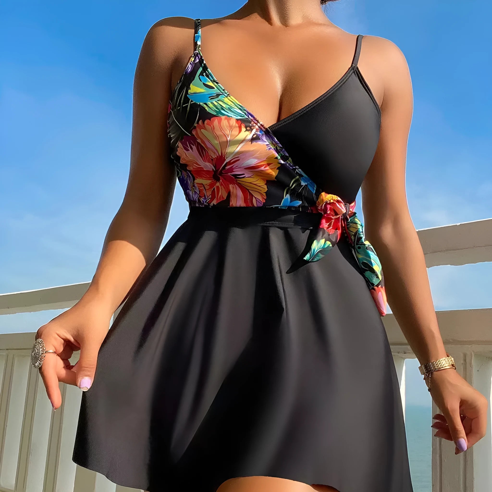 Black women's high waist briefs printed split bikini made from 80% polyester fabric for sports and swimming
