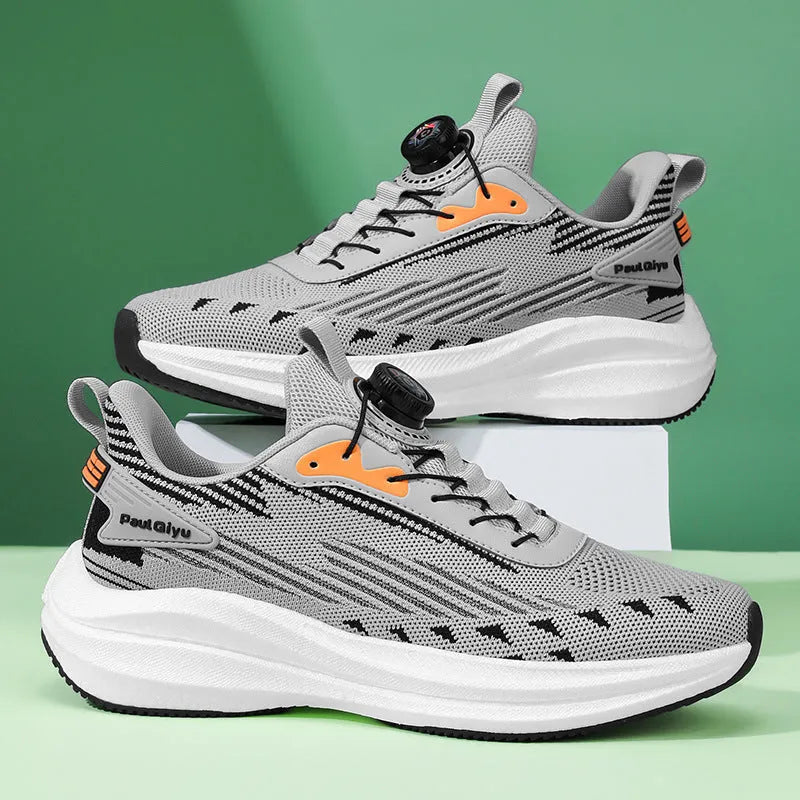 Men's low-top running shoes in white and green with Fly-knit mesh upper, rotating buckle, and TPU sole.