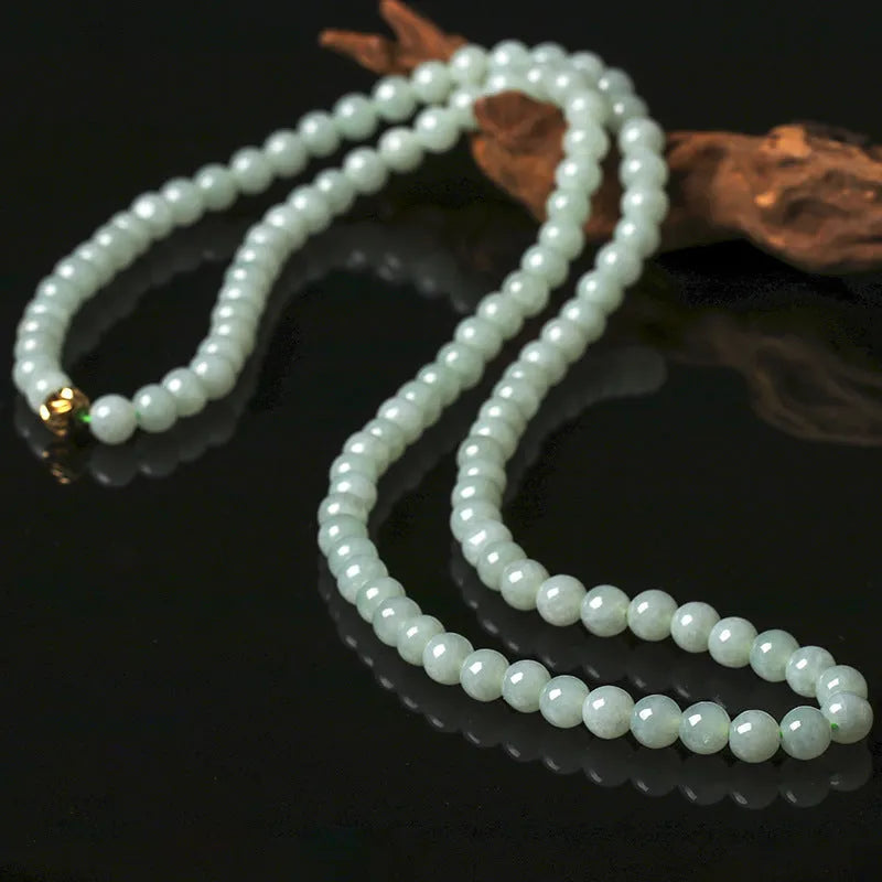 Natural jade bead necklace with white-green round beads on adjustable chain