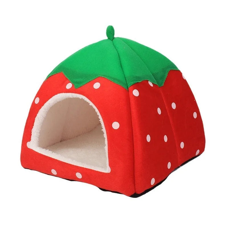 Plush strawberry cat nest in pink, blue, purple, and red, cloth pet bed in XS to XL sizes