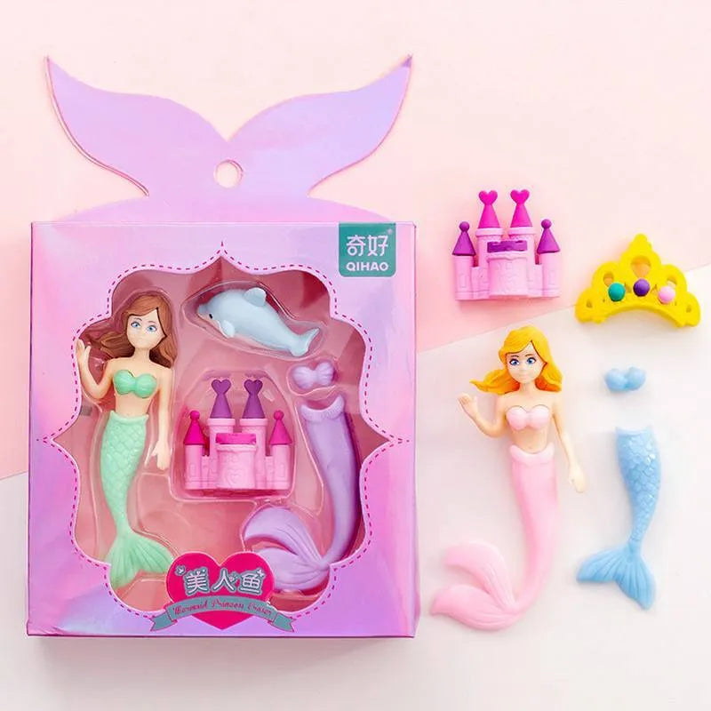 Flower Fairy Eraser Suit showing twelve TPR erasers with fairy and mermaid designs in a 14x13 cm box