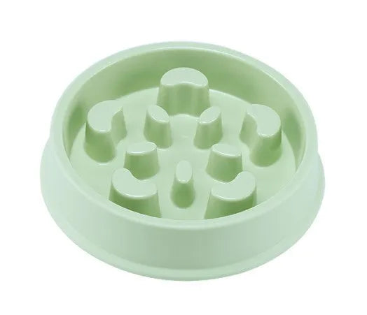 Blue plastic pet bowl with anti-choking slow feeding puzzle pattern for dogs and cats
