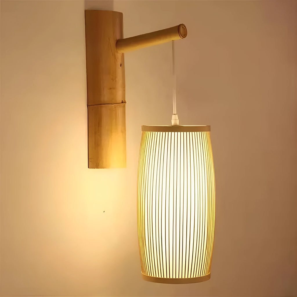 Bamboo hanging lamp with woven rattan shade and E27 fitting for staircase lighting