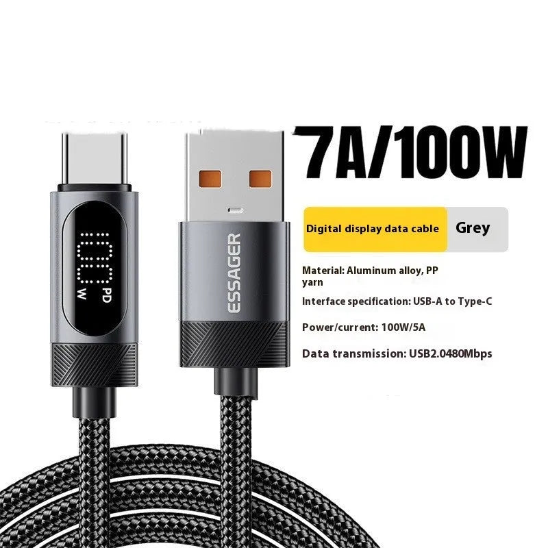 Silver grey aluminium alloy digital display data cable with Type-C connector and LED display showing charging status
