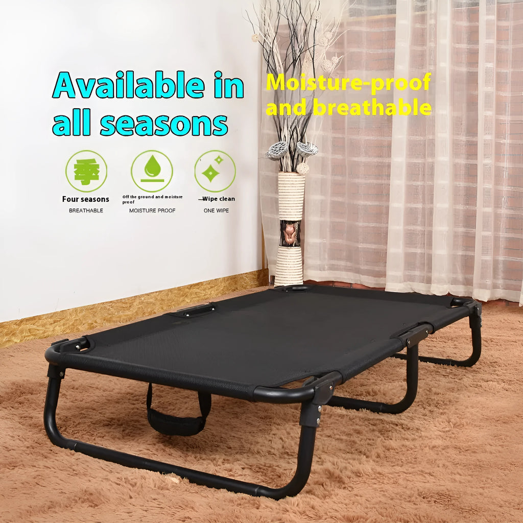 Folding dog camp bed with iron frame, mesh layer, and mattress in multiple sizes