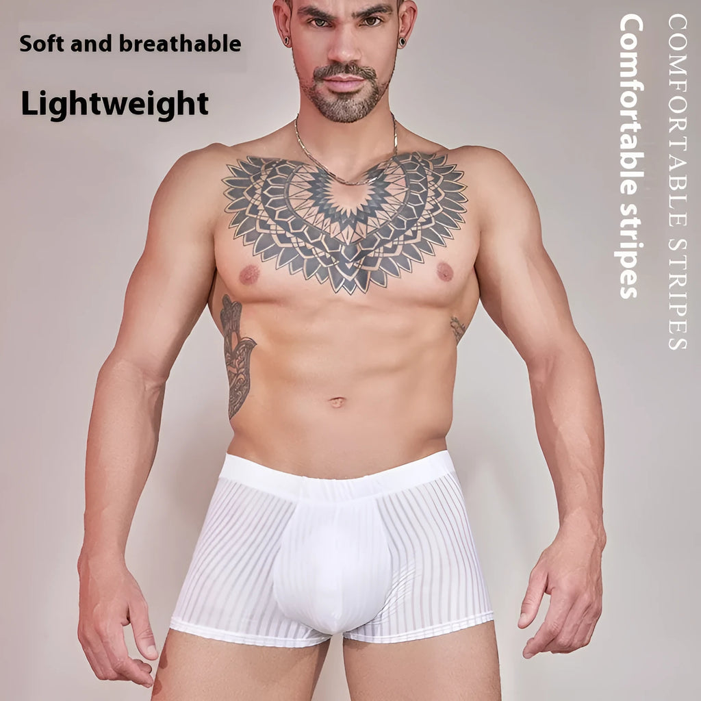 Men's thin striped nylon underwear in black, white, and dark grey on a white background.
