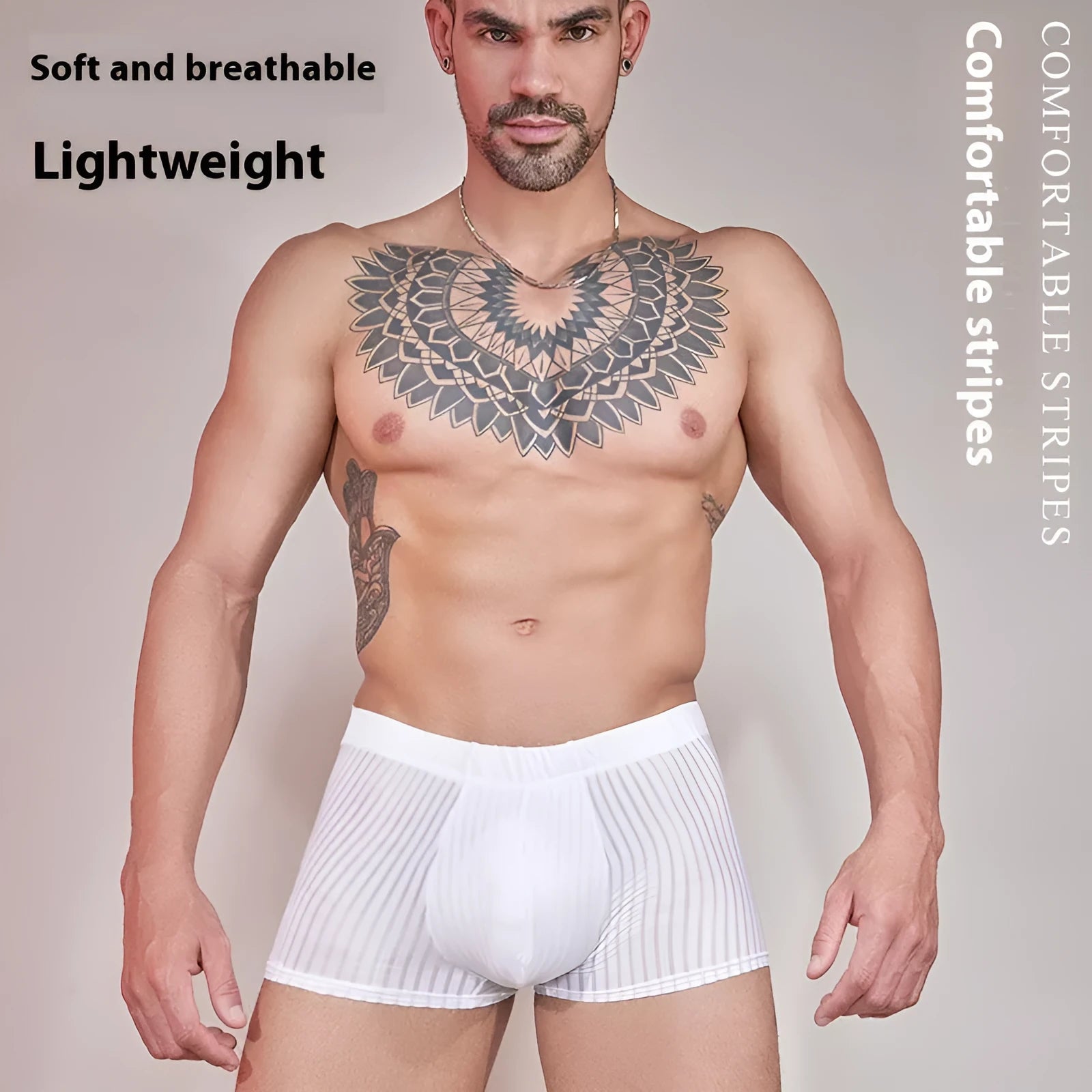 Men's thin striped nylon underwear in black, white, and dark grey on a white background.