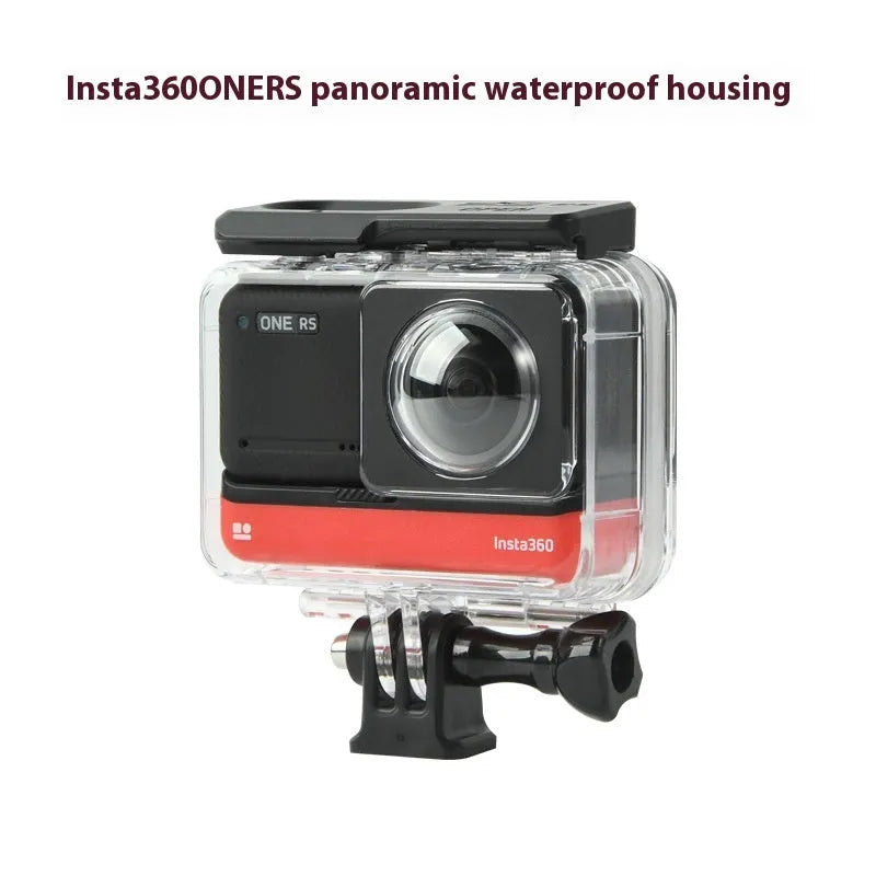 Transparent waterproof case for Insta360 One RS panoramic camera with dimensions 9cm x 8cm x 4.5cm