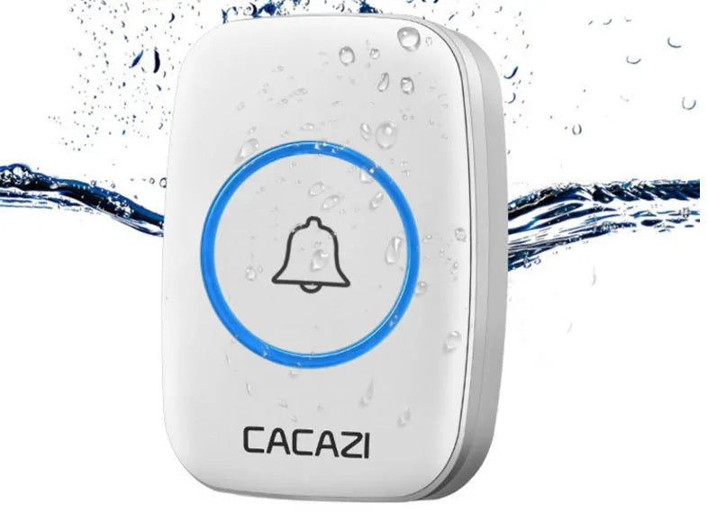 Wireless doorbell system with plug-in receiver and push button transmitter showing colour options