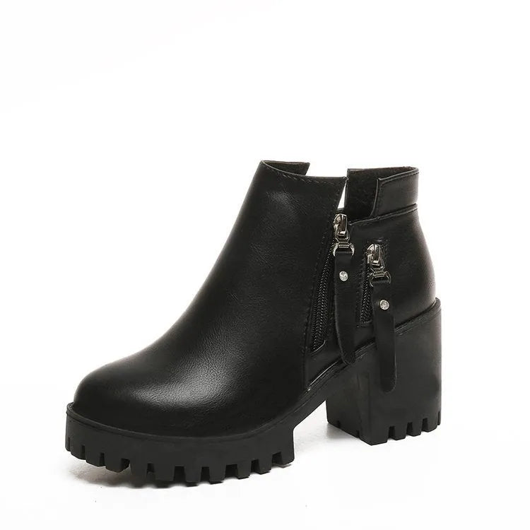 Women's chunky heel platform booties in khaki with rivet detail and mid-calf shaft
