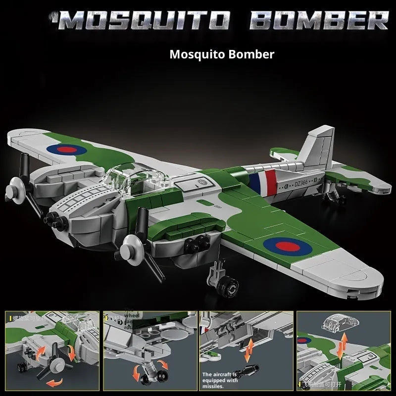 Building blocks airplane model Mosquito bomber set with 526 plastic pieces in colour box