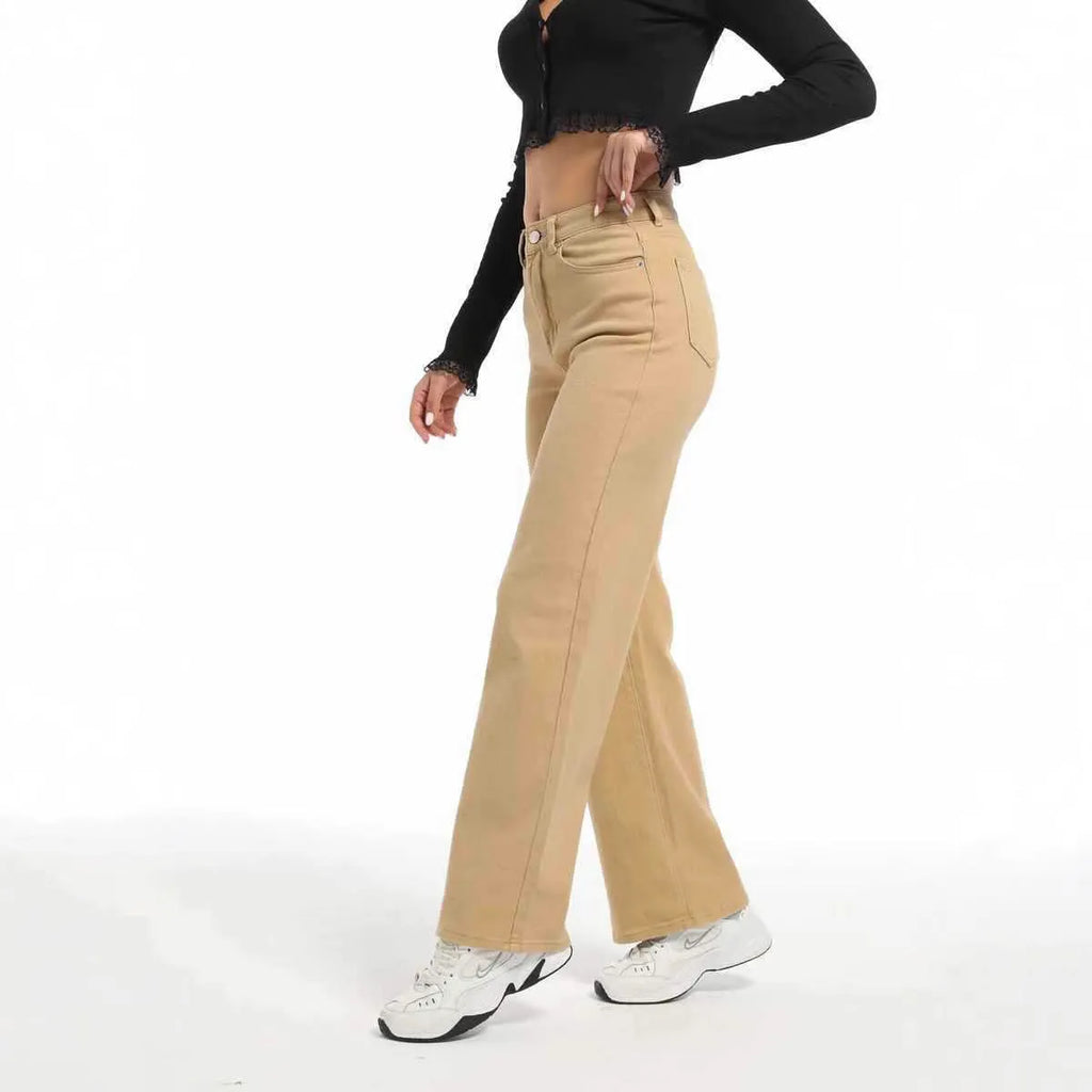 Women's apricot wide-leg straight jeans with high waist on a hanger.