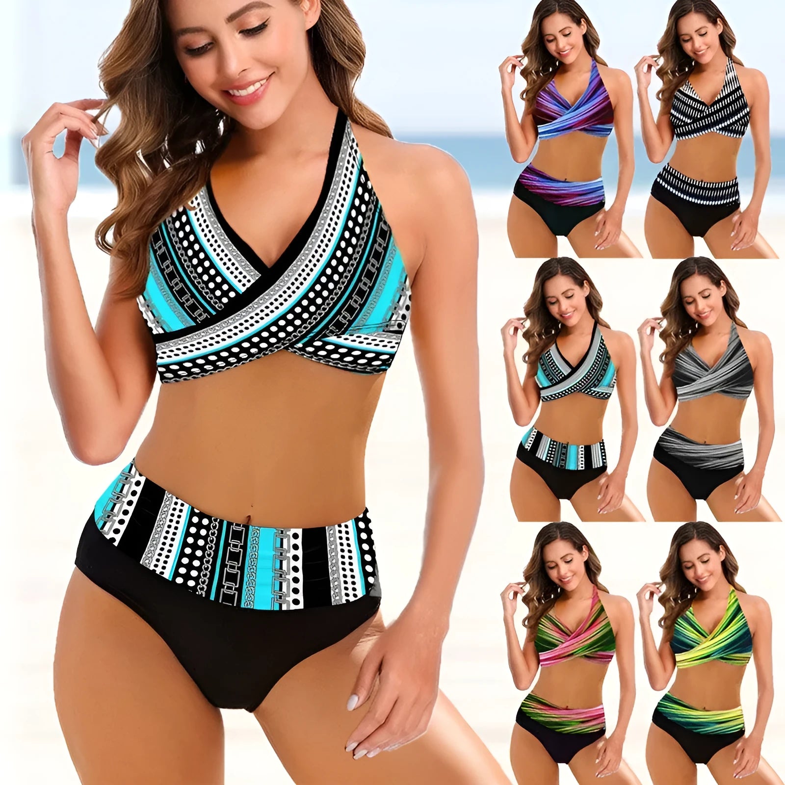 Woman wearing a striped tie-dye hollow bikini with high-waisted briefs and a backless top.
