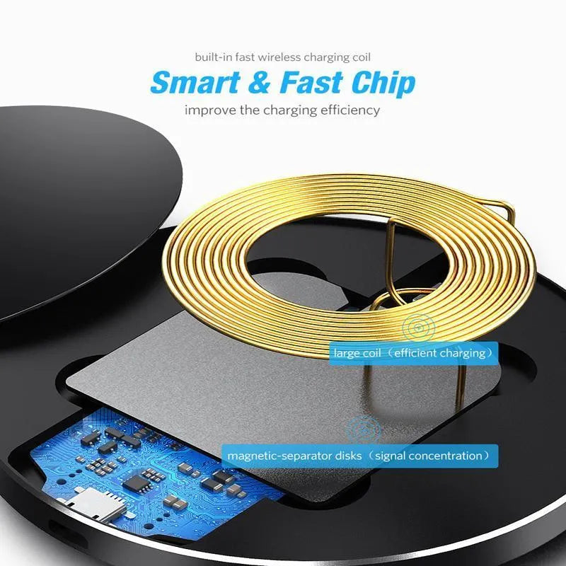Black ultra-thin wireless fast charging pad measuring 98mm square with USB cable