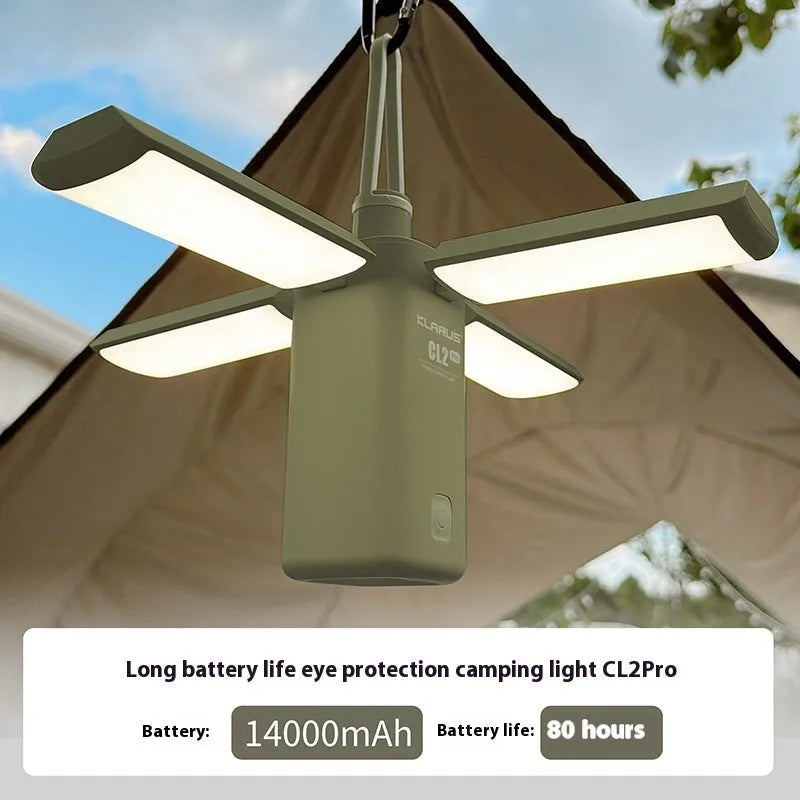 Rechargeable green and white LED campsite lamp with USB charging cable.