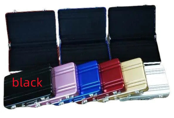 Aluminium alloy metal card holder in six colour options showing slim 16mm profile.