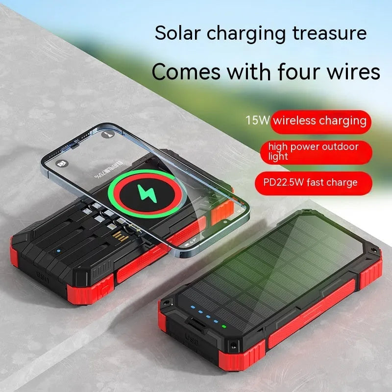 Industrial style 20000mAh power bank with solar charging unit and LED flashlight, black
