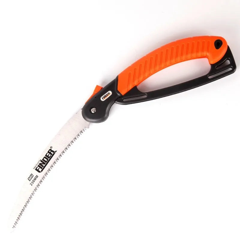 Folding garden saw with a black TPR grip and a metallic 9-inch saw blade, shown both open and closed.