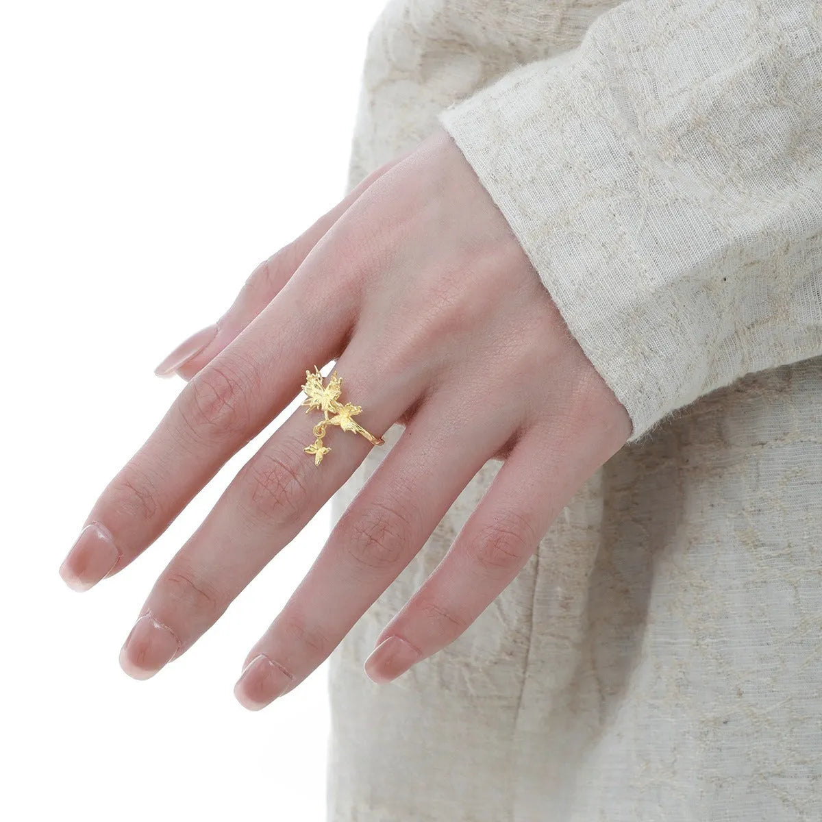 Silver butterfly ring with adjustable opening in electroplated white gold or 18K gold finish