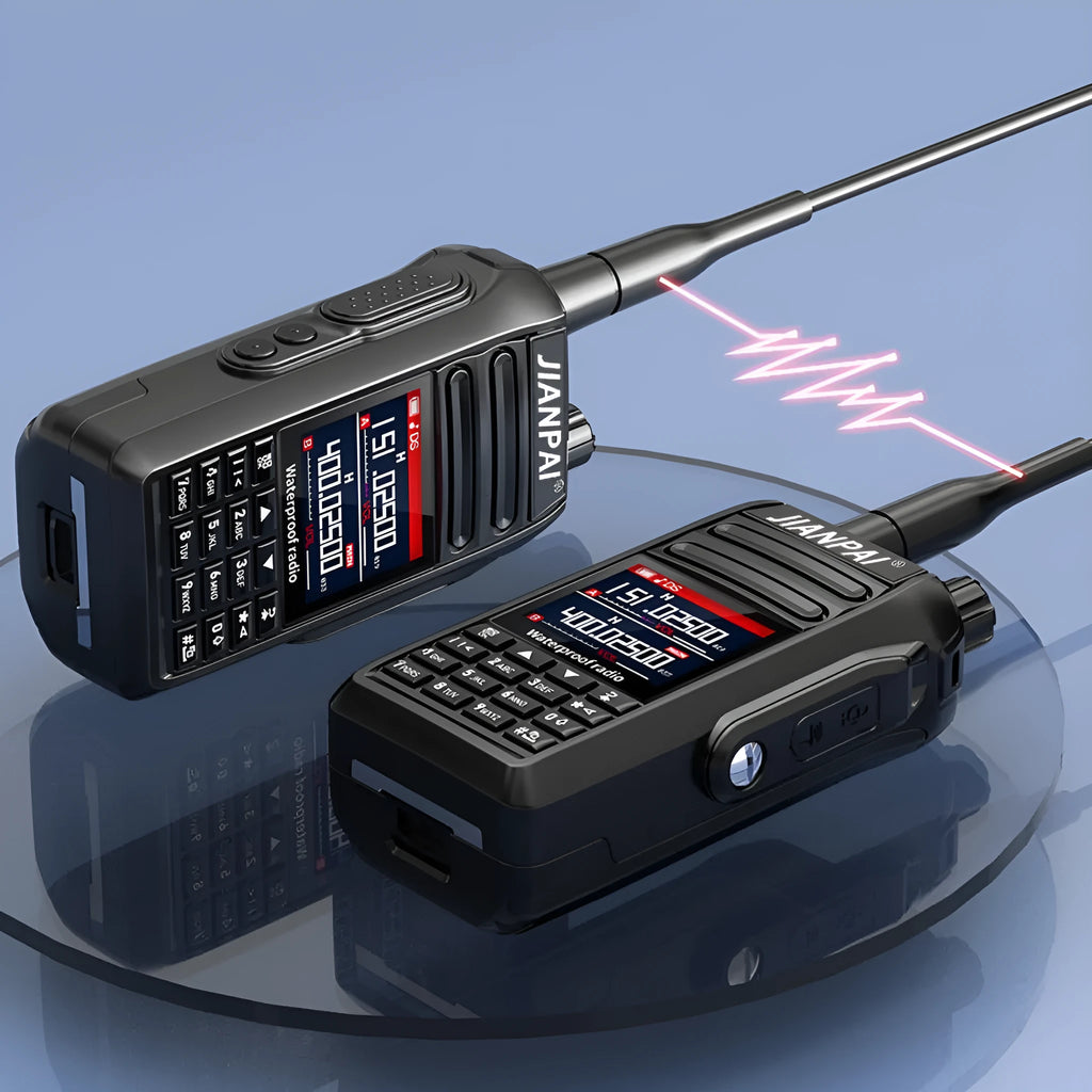 Black Interphone waterproof aviation full band radio headset with plastic shell and included accessories on a table.