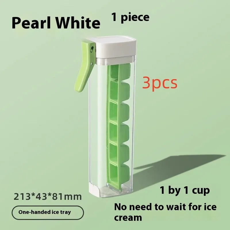 Food-grade plastic ice cube tray with one-touch release and storage box in blue or white.