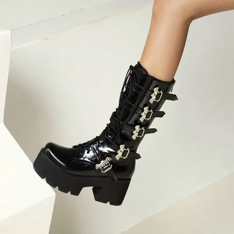 Women's black matte chunky-heel thigh-high boots with round toe and side zipper