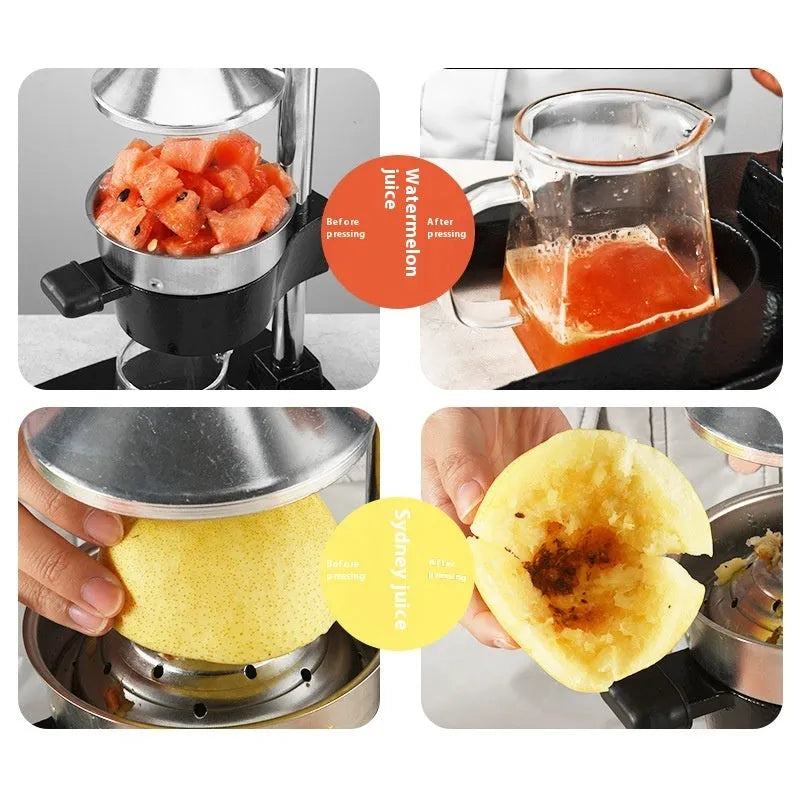 Black and white manual cast iron citrus juicer with stainless steel funnel, 40cm tall.