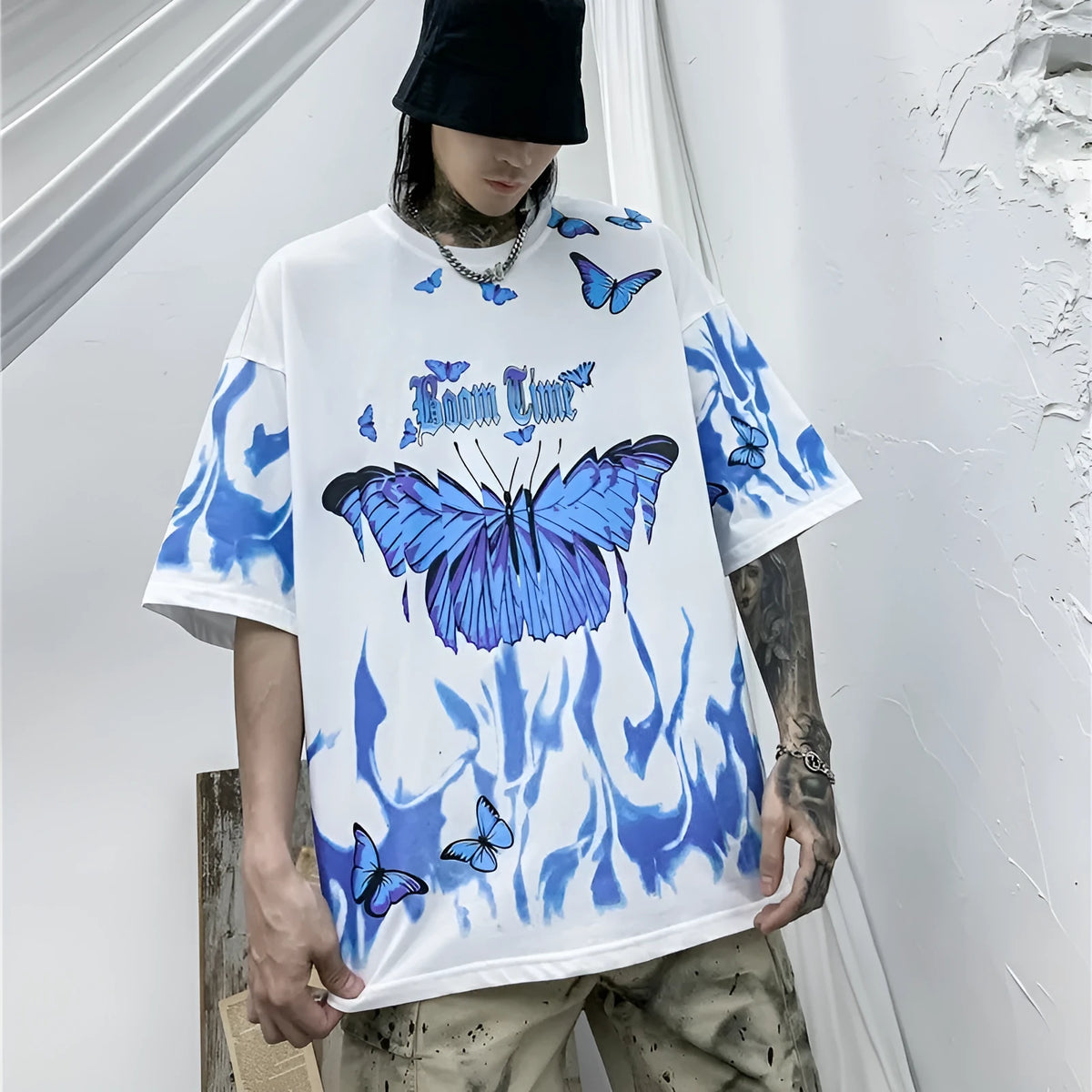 Tide men's short-sleeved cotton T-shirt with butterfly graphic, black or white, sizes M-XXL