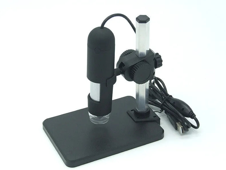 USB microscope camera with 8 white-light LEDs and manual focus ring, black casing, on white background