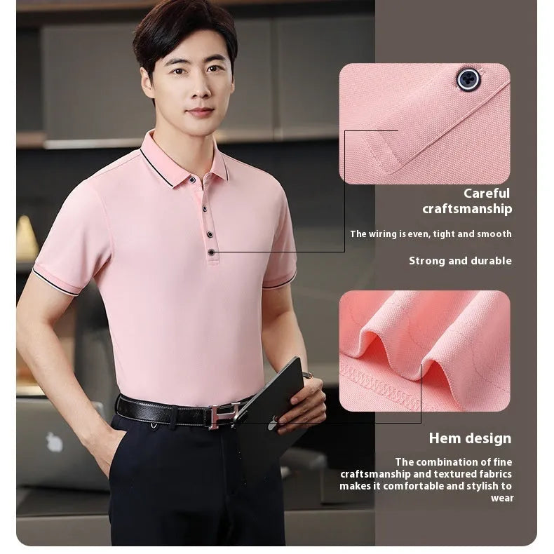 Beautician short-sleeved polo shirt work uniform with asymmetric colour block design in cool silk cotton fabric.