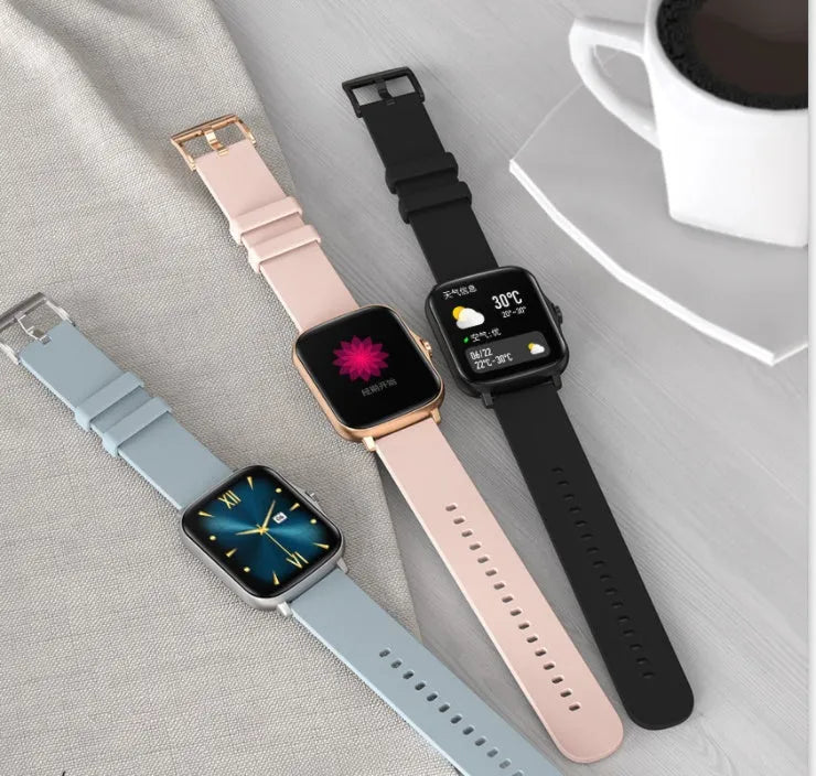Blue smart watch with 1.7-inch colour touch screen on adjustable strap showing interface