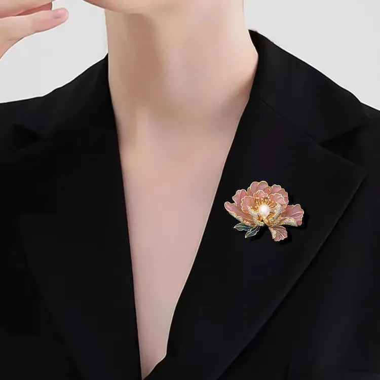 Women's Chinese-style peony brooch in alloy with dripping oil finish, blue court peony colour