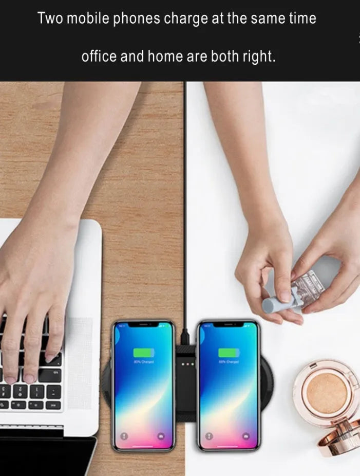 Black and white dual wireless charging pad showing two phone charging positions with Type-C cable