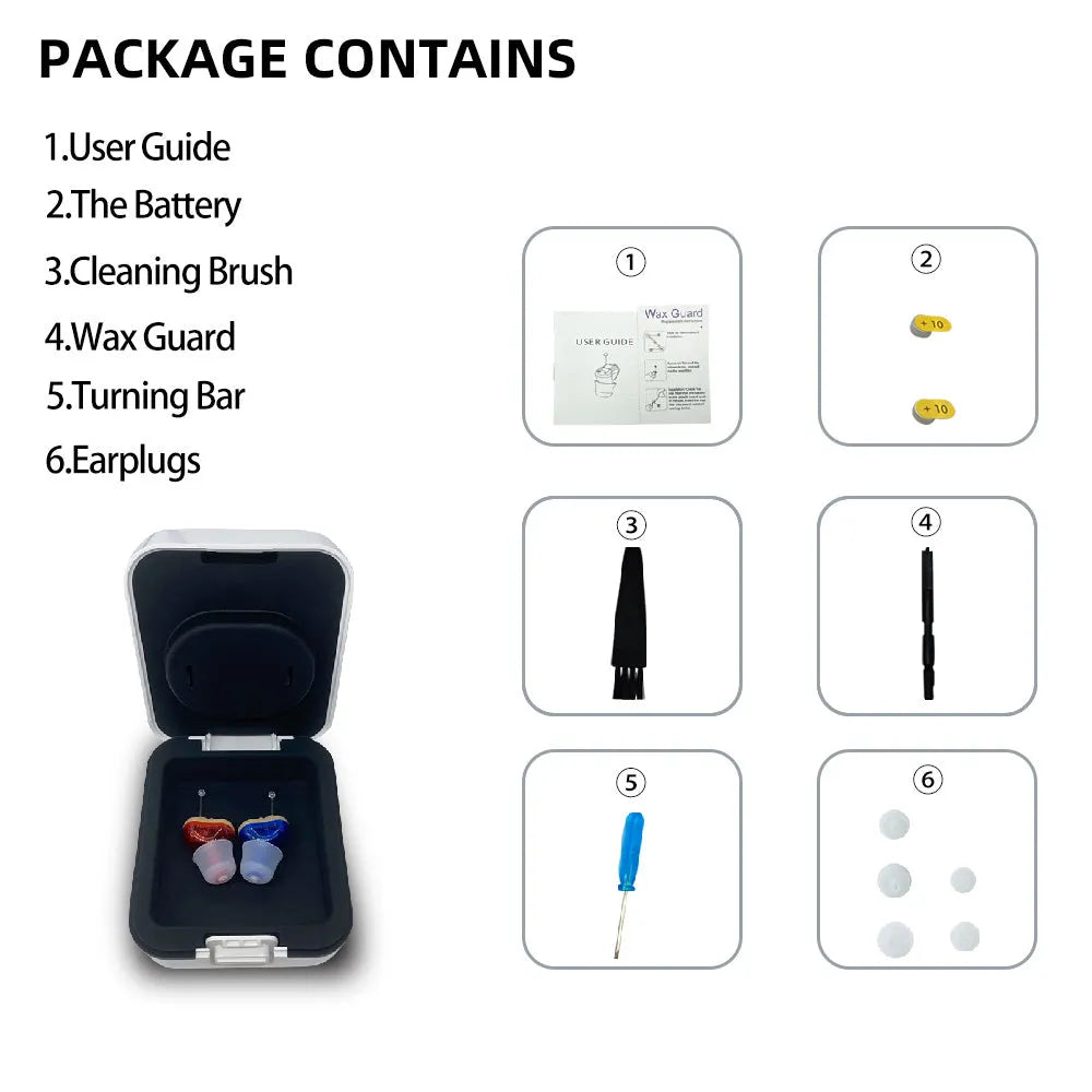 Q10 CIC hearing aid with red and blue colour options, measuring 1.8cm with included earphones and accessories
