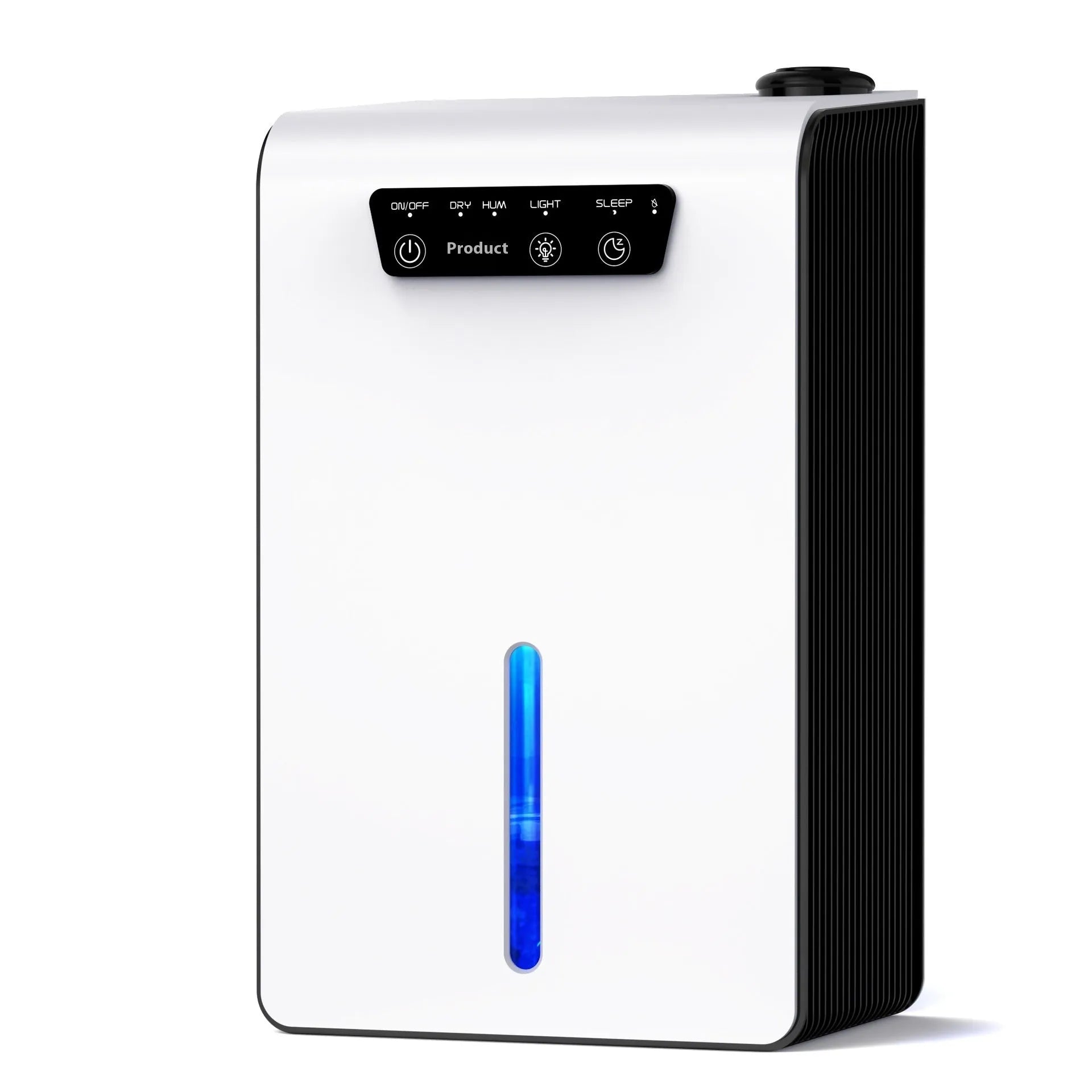 Milky white portable dehumidifier with water reservoir for bedroom moisture control