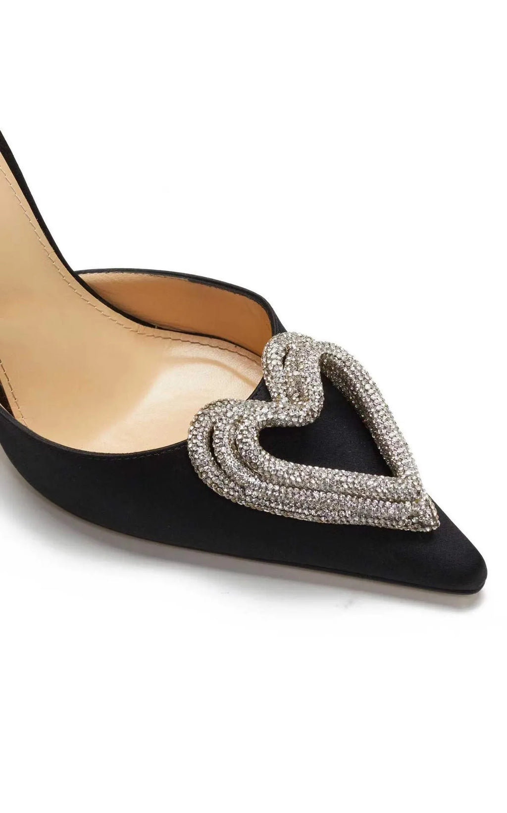 Women's pink satin sandals with heart rhinestone, pointed toe, and cross strap on a 9.5cm heel.