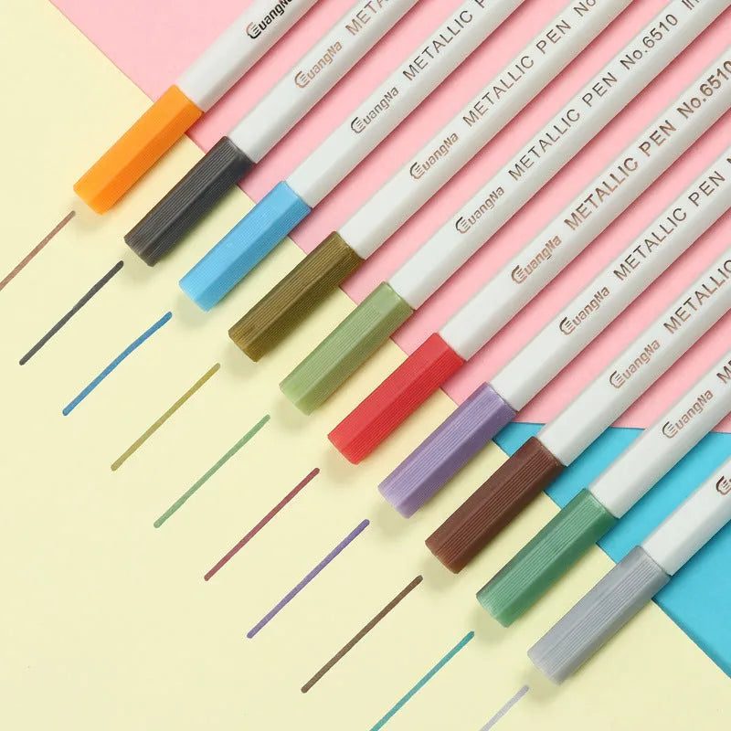 Boxed set of coloured metallic pens with plastic shells for office and stationery use.