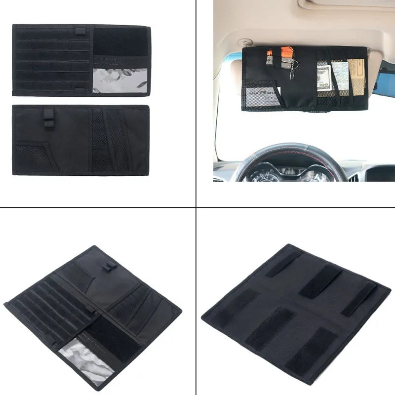 Vehicle sun visor organizer 1000D nylon 36cm by 35cm in black with storage pockets