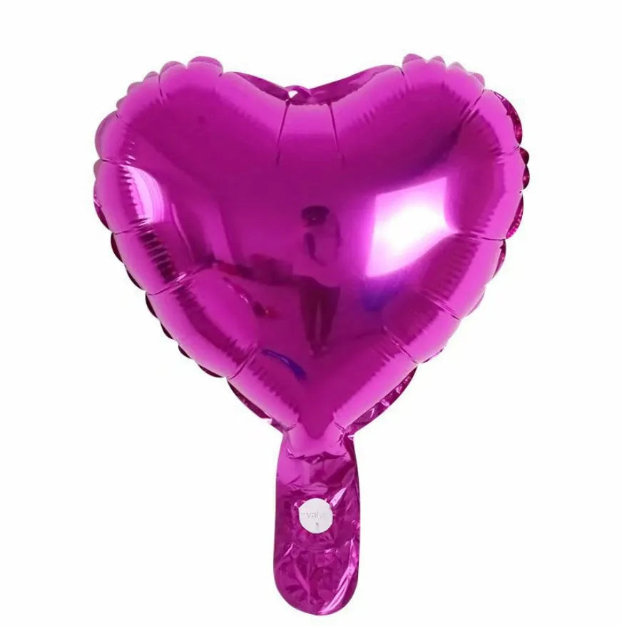 Five sparkling aluminium peach heart balloons in red, blue, rose, and silver colours.
