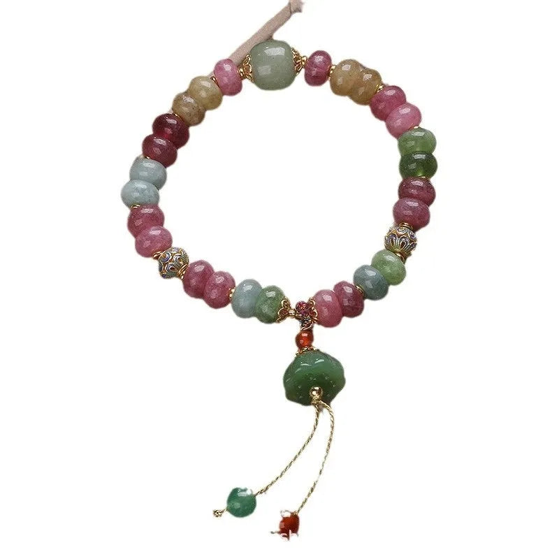 Chinese style natural colour tourmaline bracelet with floral lotus seedpod pendant for women