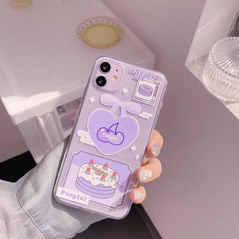 Transparent purple love cherry iPhone TPU back cover for 11 Pro Max and other listed models