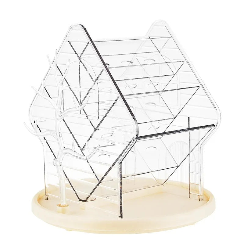 Rotating cosmetics storage box in clear or amber gold colour on a vanity