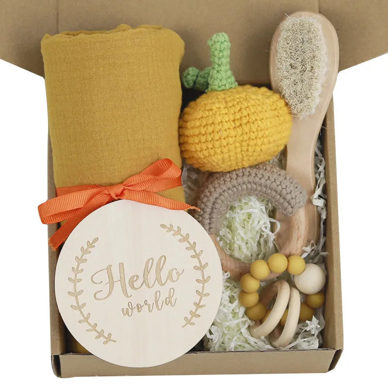 Baby teething toy set with bamboo blanket, wooden teether, bell, tyre brush and milestone for infant development