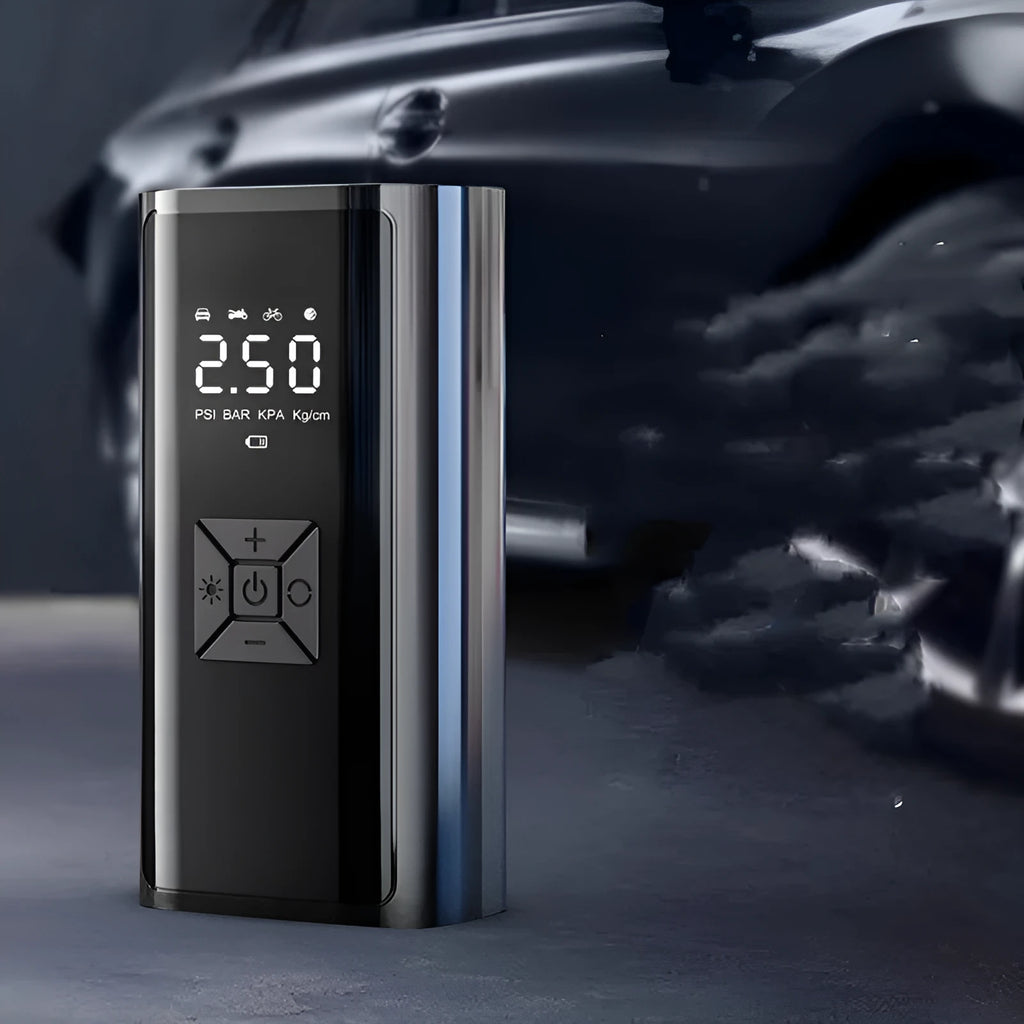 Wireless digital car tyre pump with dual display showing pressure readings and 35L/min airflow rating
