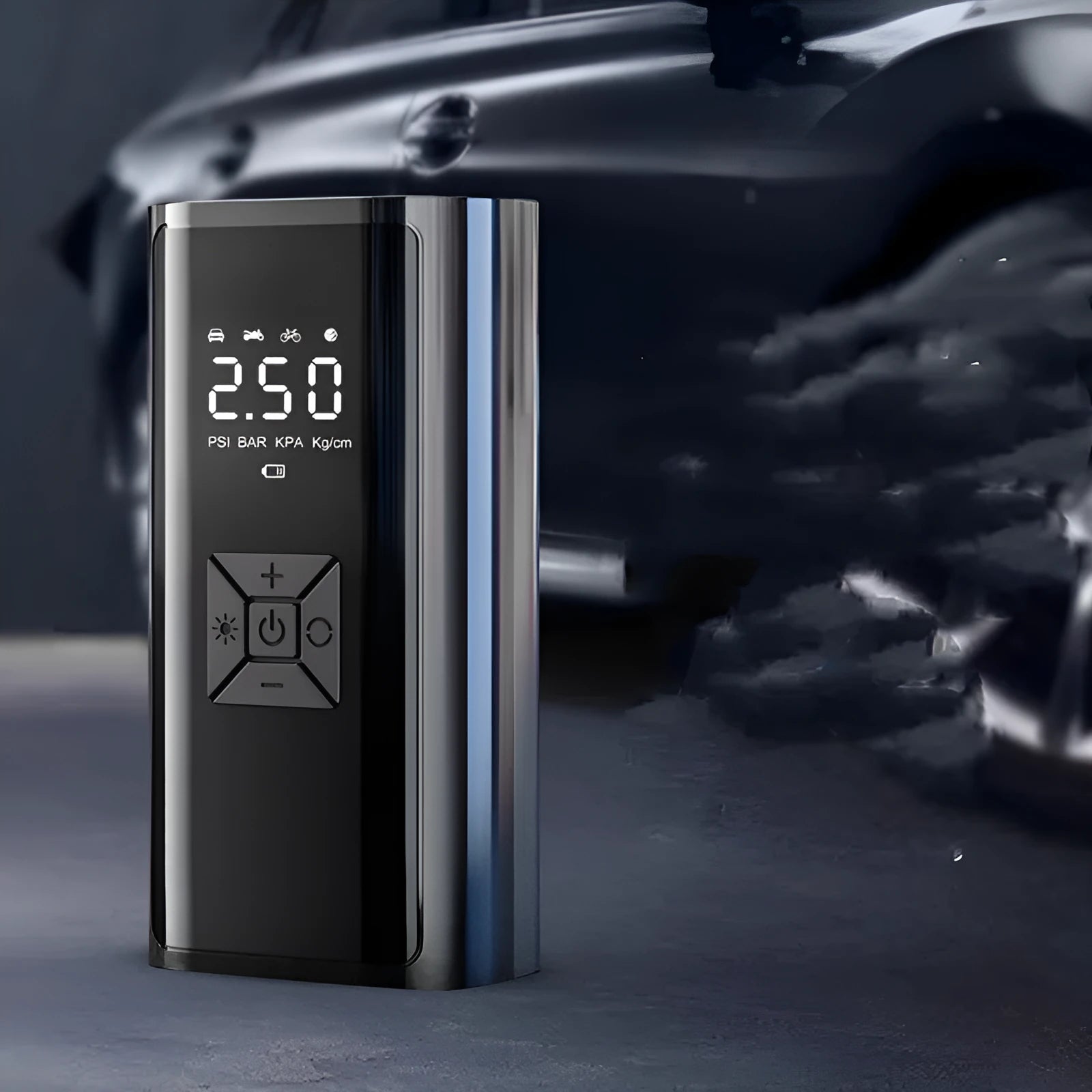 Wireless digital car tyre pump with dual display showing pressure readings and 35L/min airflow rating